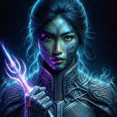 The primary subject of the image is a woman with a futuristic appearance, wearing a metallic outfit and holding a lightning bolt in her hand. The setting is a dark, blue-toned environment, which adds to the overall mood of the image. The visual style is a digital art or illustration, showcasing the woman's unique and intricate design. The colors and mood of the image are predominantly dark and mysterious, with the blue hues creating a sense of depth and